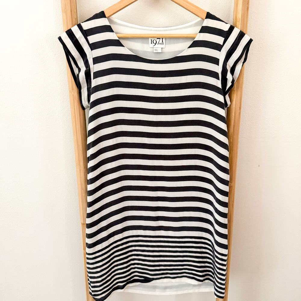 Reiss 1971 Silk Shift Dress Navy White Stripe Cap Sleeve Lined UK 8 US 4